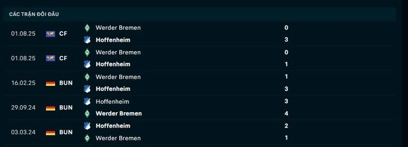 Lịch sử đối đầu Werder Bremen vs Hoffenheim
